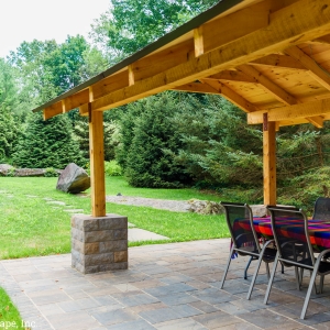 Belgard patio and custom built wooden pavilion built by Masseo Landscape, Inc., landscape contractors in Highland, NY.