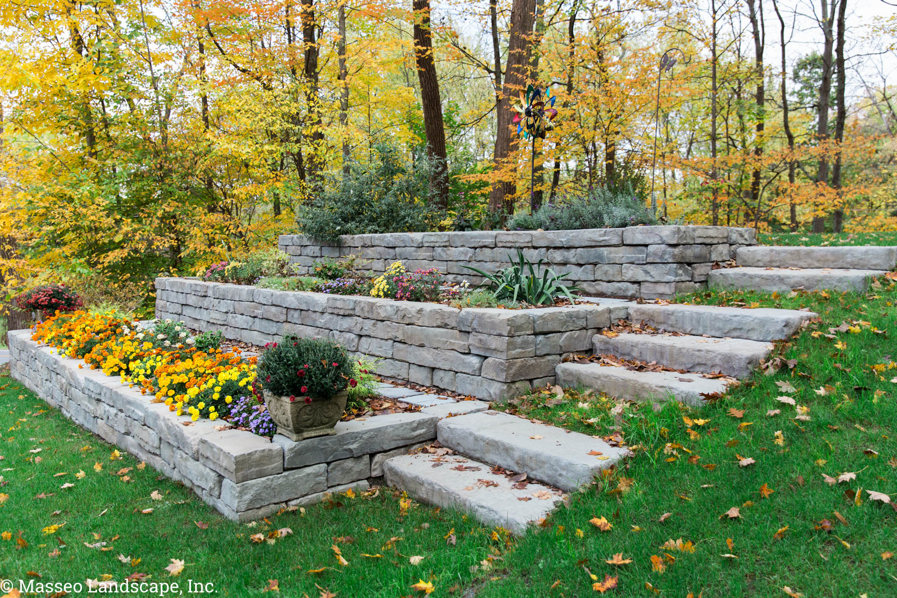 Tiered garden space with Rosetta Kodah retaining walls, installed by Masseo Lanscape, Inc. Ulster County Landscaper