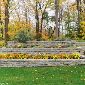 Tiered garden space with Rosetta Kodah retaining walls, installed by Masseo Lanscape, Inc. Ulster County Landscaper